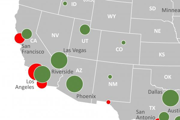 Map showing a portion of the West Coast of the United States with colored dots for population sizes